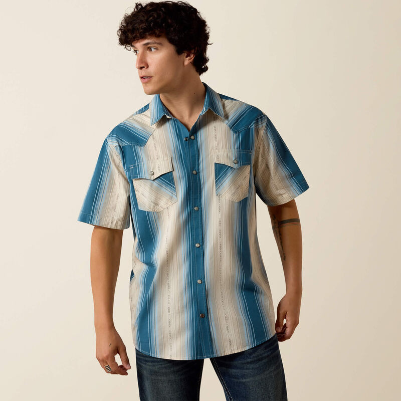 ARIAT RETRO HYLAND FITTED SNAP SHIRT COLONIAL BLUE STRIPE 10073573