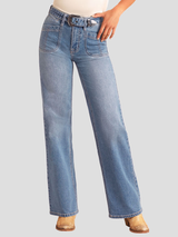 ROCK & ROLL WOMENS HIGH RISE BELTED RELAXED FLARE JEANS MEDIUM WASH BW6HD06063