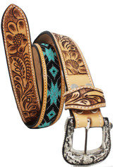 CHALLENGER 1.5" WESTERN FLORAL TOOLED BEADED LEATHER BELT 26RT38B