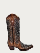 CORRAL WOMENS GLITTER INLAY FLORAL COGNAC COWBOY BOOT A3671A