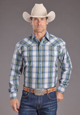 STETSON MENS MOSS DOBBY PLAID COTTON SHIRT BLUE 11-001-0478-2030
