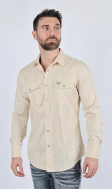 PLATINI MENS LUREX MODERN FIT LS SHIRT BEIGE WSL9753