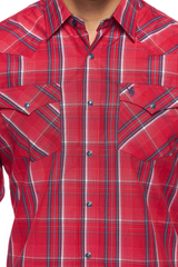 RODEO MENS LONG SLEEVE PEARL SNAP PLAID SHIRT RED/BLUE PS400L-407