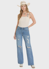 ROCK & ROLL WOMENS DISTRESSED WIDE LEG JEAN MID WASH BW6HD08496