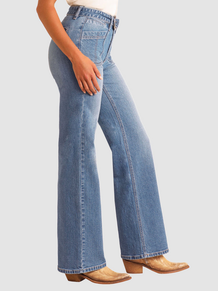 ROCK & ROLL WOMENS HIGH RISE BELTED RELAXED FLARE JEANS MEDIUM WASH BW6HD06063