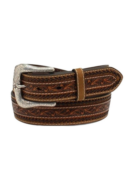 M&F ARIAT MENS FLORAL TOOLED BUCK STITCH LEATHER BELT TAN A1037908