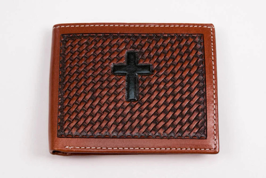 COWBOY CHROME BASKETWEAVE WITH CROSS BIFOLD COGNAC W396