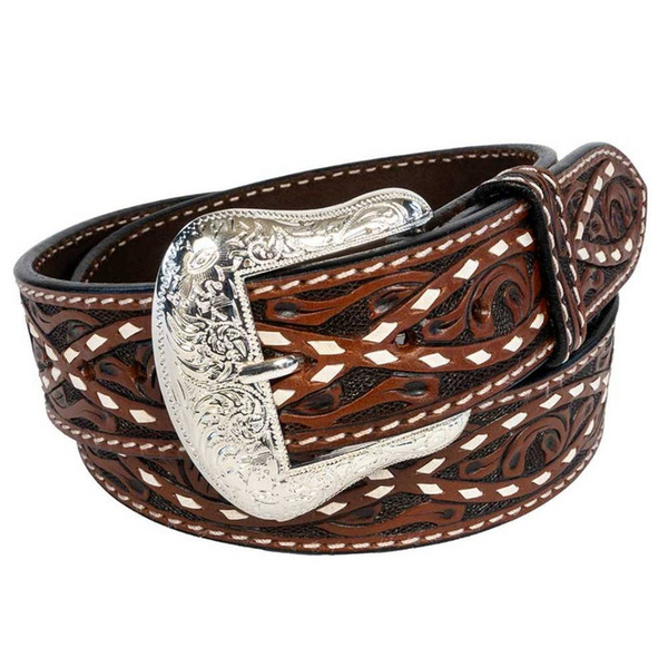 WESTERN FASHION WHITE BUCKSTITCH TOOLED LEATHER BELT BT1168