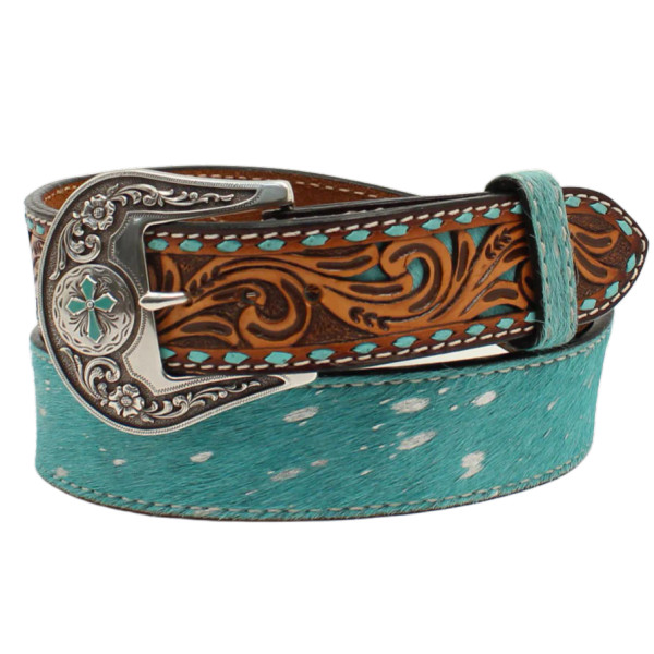 M&F ANGEL RANCH CALF HAIR TURQUOISE BILLET BELT D140001433