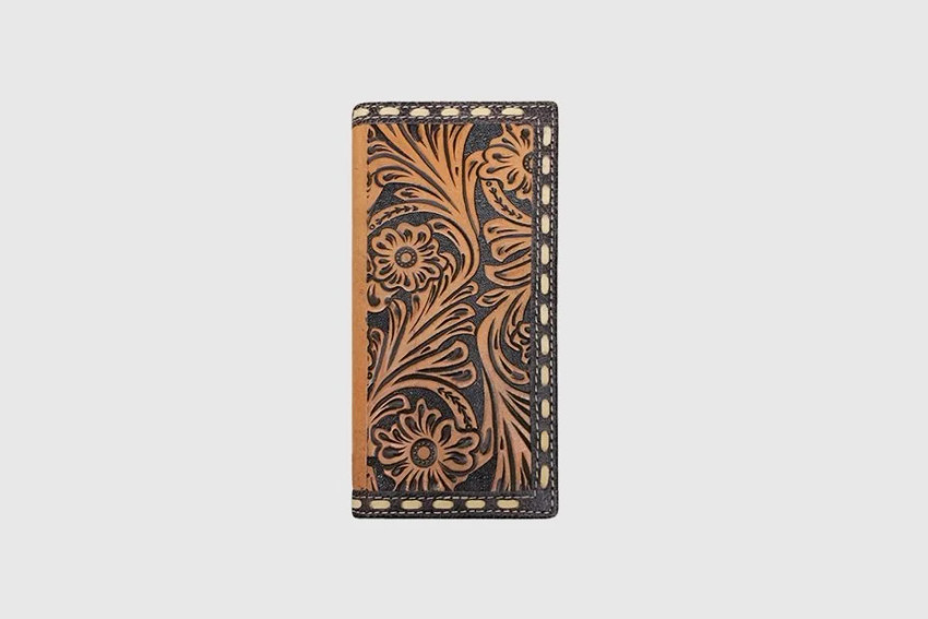 GEM-DANDY FLORAL EMBOSSED LEATHER CHECKBOOK WALLET COGNAC 8192000