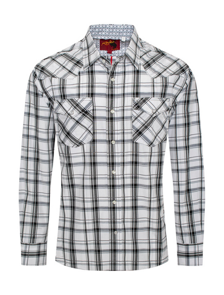 RODEO MENS LONG SLEEVE PEARL SNAP PLAID SHIRT WHITE/BLACK PS400L-414 