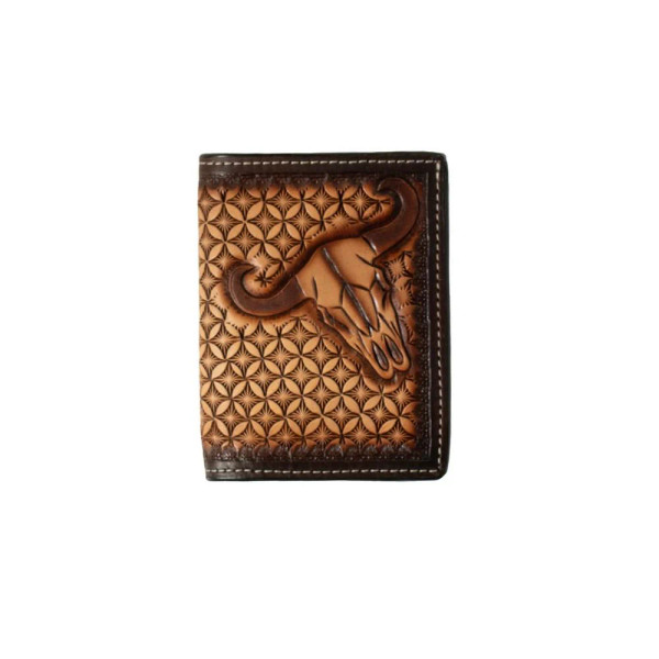 M&F 3D MENS COW SKULL HAND STAINED TOOLED TRIFOLD WALLET D250015402
