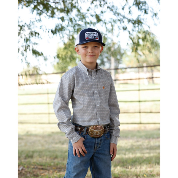 CINCH YOUTH BOYS BUTTON DOWN SHIRT WHITE GEO PRINT MTW7060423