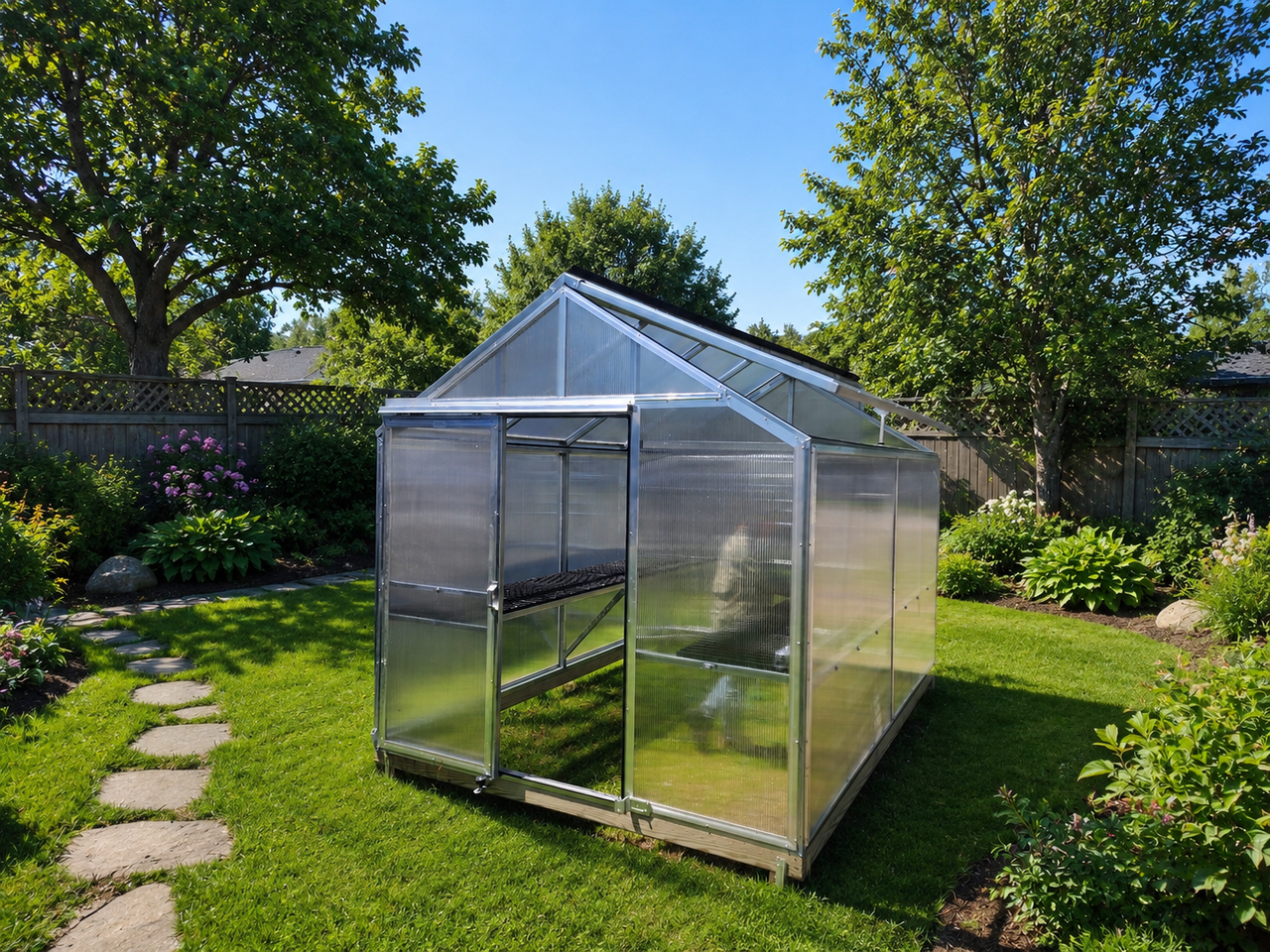The Home Owner's Greenhouse — fully assembled in a backyard garden