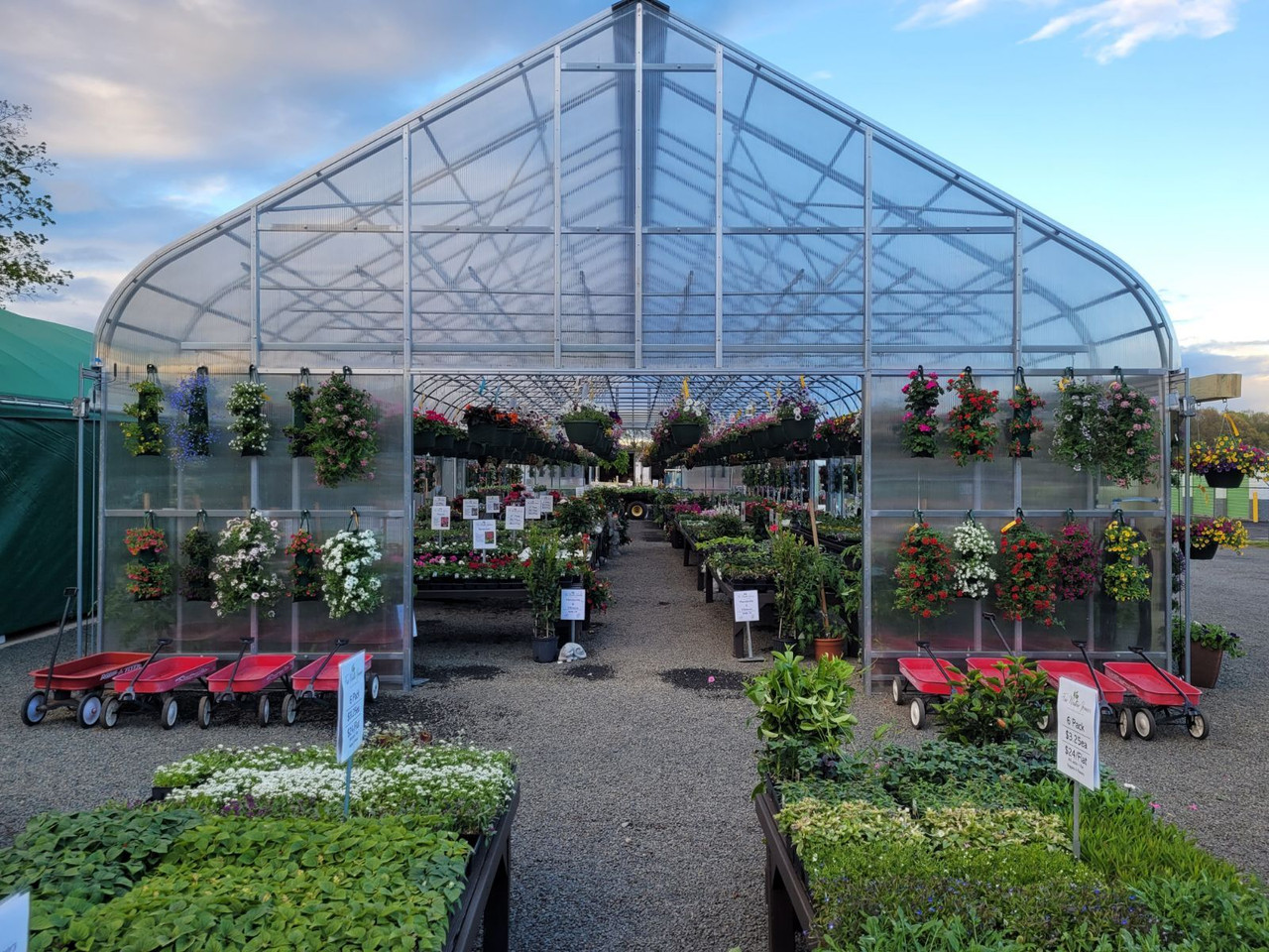 A greenhouse entrance with hanging flower baskets and plants on display.