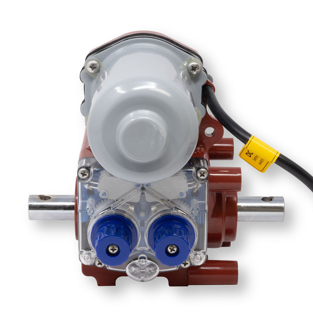 Low voltage dual output ridge vent motor top view showing dual shafts