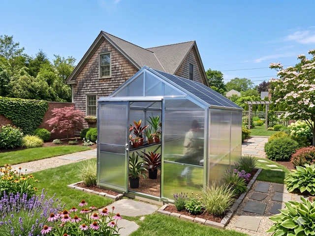 The Home Owner's Greenhouse, fully assembled in a backyard garden