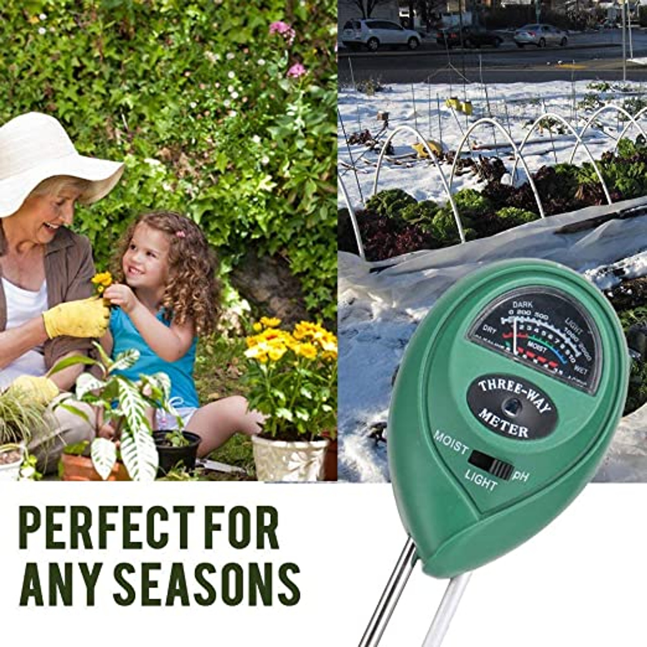 3 in 1 Soil Moisture Sensor Meter, Soil pH meter Water Monitor Hydrometer and Sunlight Sensor, Plant Moisture Meter for Gardening Farming Indoor Outdoor Use, No Batteries Required