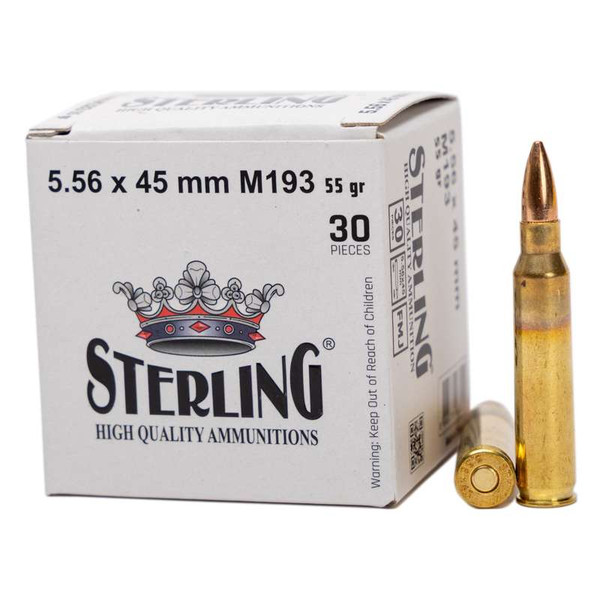 Sterling M193 Hyper Velocity Non - Corrosive Boxer Primed Ammunition, 5.56 x 45mm NATO, Full Metal Jacket (FMJ), 55 Grain