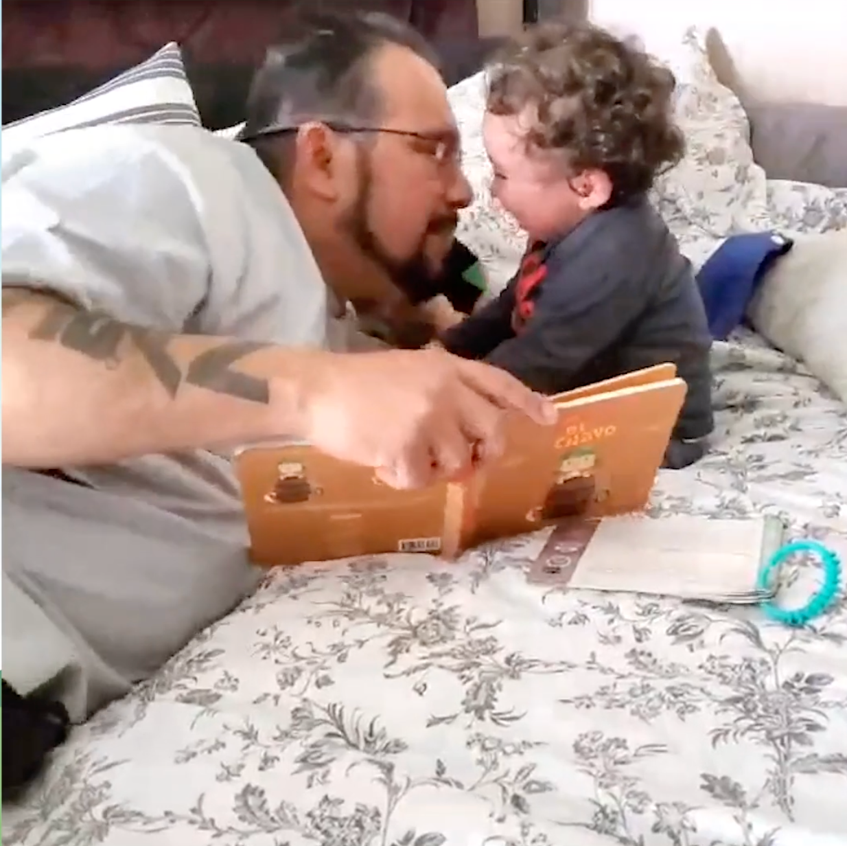 Father reading book to son