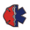 Die-cut embroidered patch combining a red Maltese cross on the left and a blue Star of Life on the right, overlapping at center with a Rod of Asclepius running vertically down the seam, gray merrow die-cut border.
