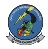 Joint Crew Composite Squadron One circular sky blue patch with green raven mascot holding lightning bolt and SF shield Si Aerem Moderaris Vincis