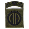 Subdued olive drab 82nd Airborne Division patch with a black circle and OD double A monogram, AIRBORNE tab in black on olive drab joined above it.