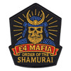 Black pentagon E4 Mafia patch with a bearded gold skull in a blue samurai helmet above a red banner and ORDER OF THE SHAMURAI
