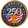 Round 4-inch embroidered patch with gold merrowed border, deep navy background, Liberty Bell in gold thread at center, Stars and Stripes fan behind the bell, bold silver '250' dominating the center field, gold star ring, and 'AMERICA 1776 2026' inscribed in white and gold thread.