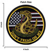 Size chart for the Don't Tread On Me American Flag Rattlesnake patch, four inches by four inches.