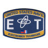 Navy blue embroidered patch with gold arched borders reading 'United States Navy' and 'Electronics Technician,' large white ET letters flanking a white atom-and-stars emblem at center, merrowed edge border.