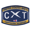 Navy blue rating-style patch with gold bands reading United States Navy and Cryptologic Technician, a white C and T flanking a crossed quill and lightning bolt, and small Charlie and Tango signal flags.