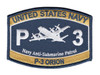 Navy blue and gold P-3 Orion patch with a white Orion between a large P and 3, UNITED STATES NAVY across the top and P-3 ORION on the bottom band.
