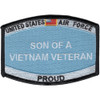 Rectangular family heritage patch with text identifying son of Vietnam veteran, featuring Air Force colors and embroidered military insignia.