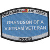 Rectangular family heritage patch with text identifying grandson of Vietnam veteran, featuring Air Force colors and embroidered military insignia.
