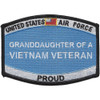 Rectangular family heritage patch with text identifying granddaughter of Vietnam veteran, featuring Air Force colors and embroidered military insignia.