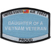 Rectangular family heritage patch with text identifying daughter of Vietnam veteran, featuring Air Force colors and embroidered military insignia.