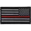 Rectangular embroidered American flag patch in subdued gray and black with a single thin red stripe through the stripes field, reversed orientation for right-shoulder wear, black merrow border.