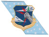 Shield-shaped Strategic Air Command banner patch in blue and white, featuring SAC emblem with strategic insignia and bold lettering.