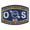 Navy Operations Specialist patch: gold lettered bands, white O and S, radar scope with arrow, and two signal flags.