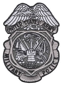Subdued gray US Army Military Police badge patch shaped like a police shield, with an eagle over a UNITED STATES ARMY scroll, a round center of military devices, and MILITARY POLICE along the lower edges.