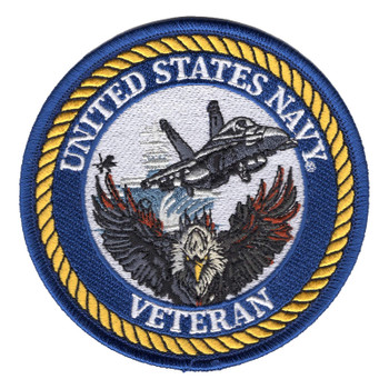 Round United States Navy Veteran patch with a gold rope ring and blue band around an eagle with spread wings, an F/A-18 jet climbing over the water and an aircraft carrier behind, edged in navy blue.
