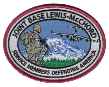 Joint Base Lewis-McChord oval patch with combat soldier Mount Rainier C-17 Globemaster and Service Members Defending America motto