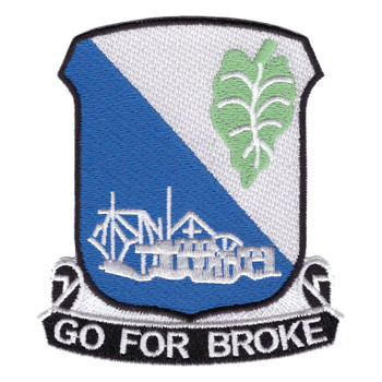 Shield-shaped embroidered patch split blue and white on a diagonal with a green taro leaf, a white outlined structure and GO FOR BROKE on a black scroll.