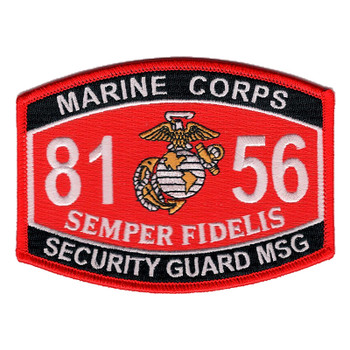 Marine Corps 8156 Security Guard MSG MOS patch, red with a black band top and bottom, the eagle, globe and anchor between 81 and 56, and SEMPER FIDELIS below.