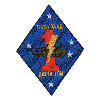 Blue diamond 1st Tank Battalion patch with a red numeral 1, gold lightning bolt, olive tank and five white stars