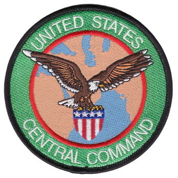 United States Central Command circular patch with bald eagle over Middle East Central Asia map US shield in talons green and red rings