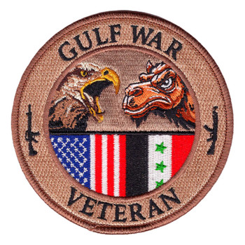 Round tan Gulf War Veteran patch with an eagle and a camel facing off above the U.S. and Iraqi flags, flanked by two black rifle silhouettes.