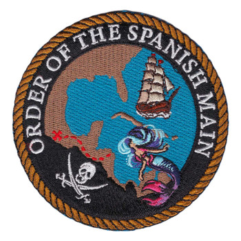 Round Order of the Spanish Main patch with a gold rope border, a treasure map of the Gulf and Caribbean, a square rigged ship, a mermaid, a red X and a Jolly Roger skull with crossed cutlasses.