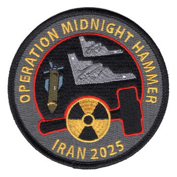 Round Operation Midnight Hammer patch with two gray B-2 bombers and an olive GBU-57 bomb inside a red-outlined sledgehammer, a gold radiation symbol, IRAN 2025 and a black merrowed border.